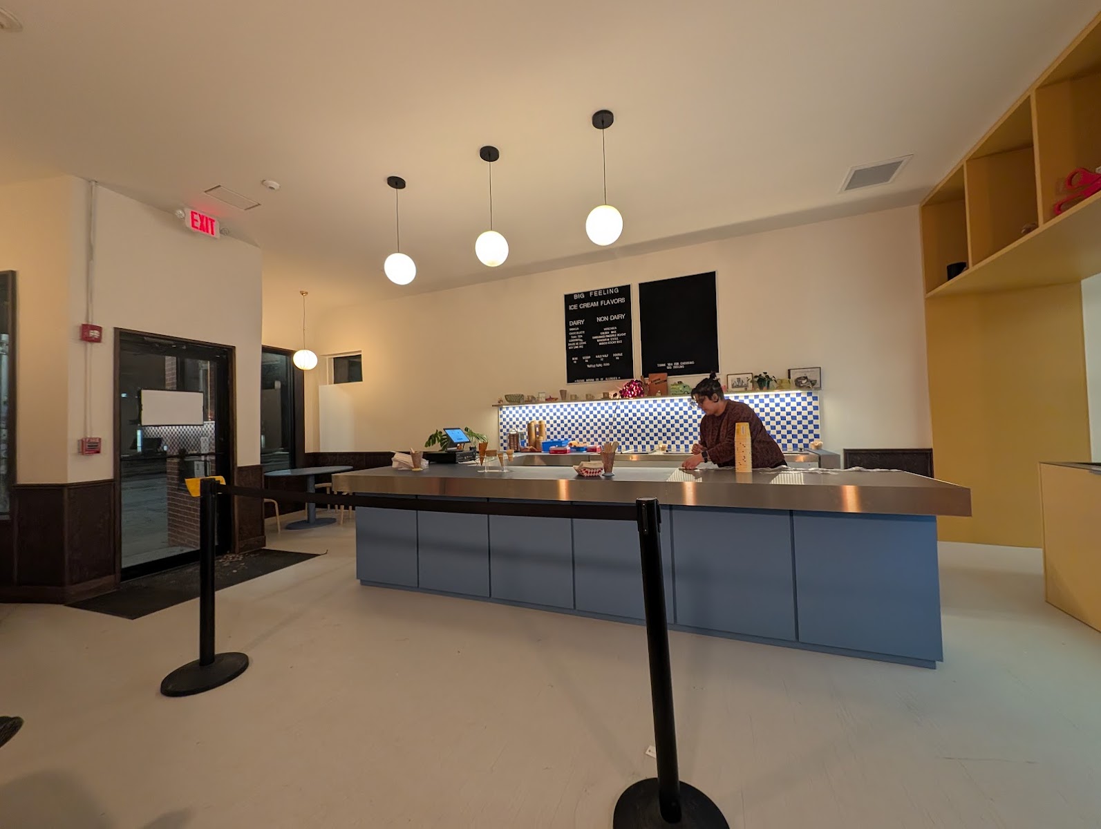 Big Feeling ice cream parlor interior with globe lights