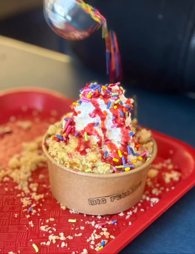 Lil' Goose sundae – vanilla chocolate chip, cake crumbles, berry jam & whip